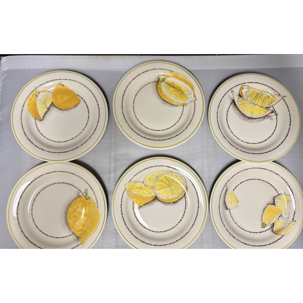 Gien France Vintage Citron Lemon Dessert Plates - Set of 6, 6.75" Plates